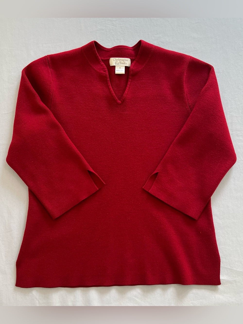 Christopher & Banks Red V-Neck Knit Sweater with 3/4 Sleeves - Size S